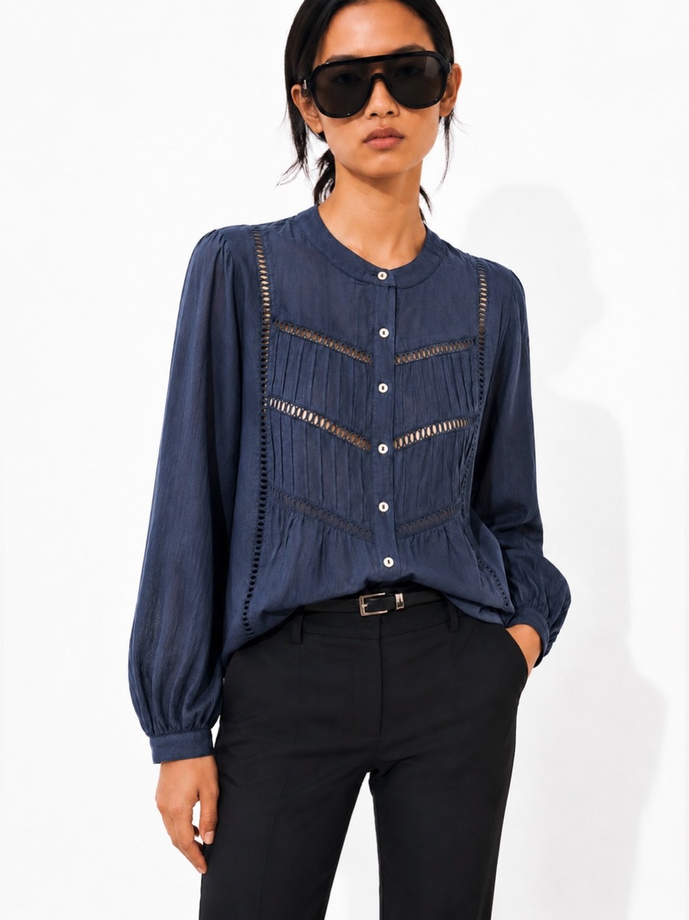 NEW WITH TAGS MAYE Paloma French Navy 100% Cotton Button-Up Pintuck Shirt | XS
